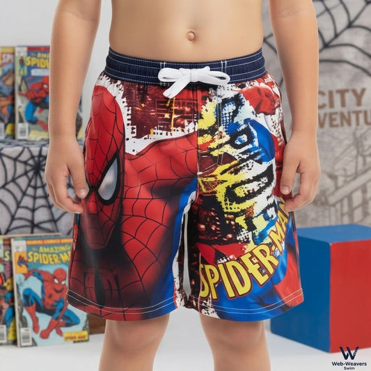 A child wearing Spider-Man themed swim trunks with a red, blue, and yellow comic-style print, standing in front of Spider-Man comic book covers and a Spider-Man themed backdrop.