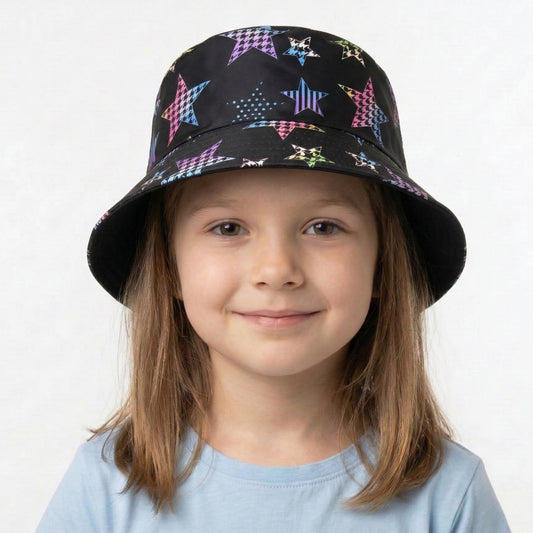 Child wearing a black bucket hat with colorful star pattern on a white background