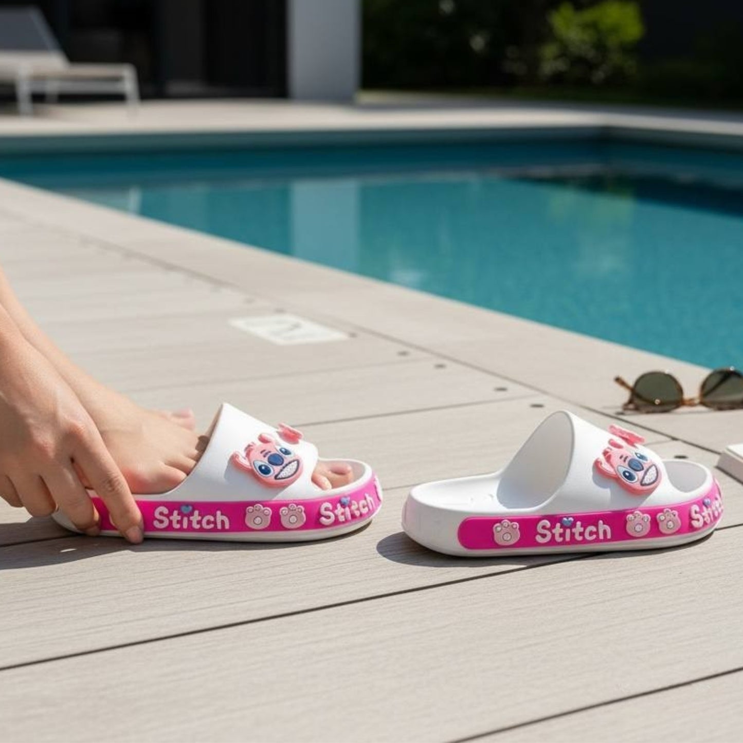 Stitch White/Pink Slides