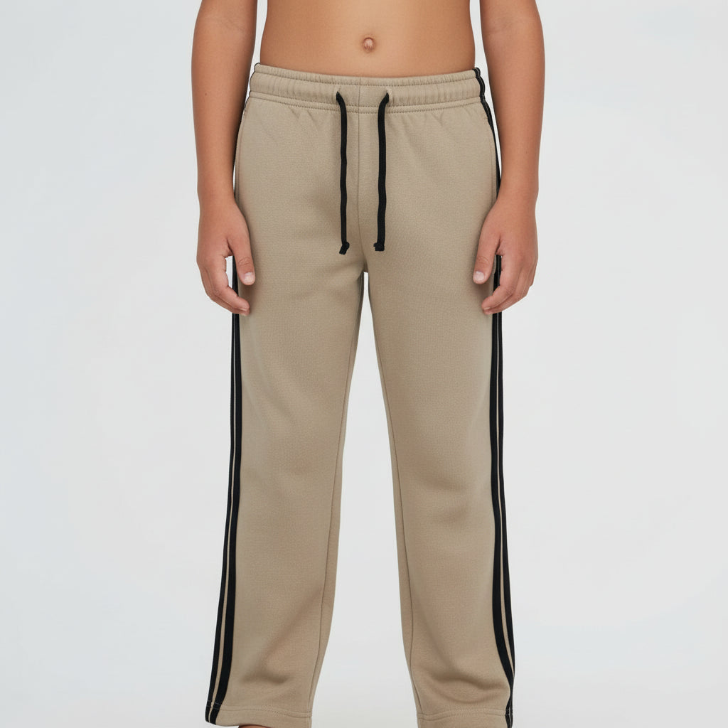 Beige sweatpants with black stripes on a white background