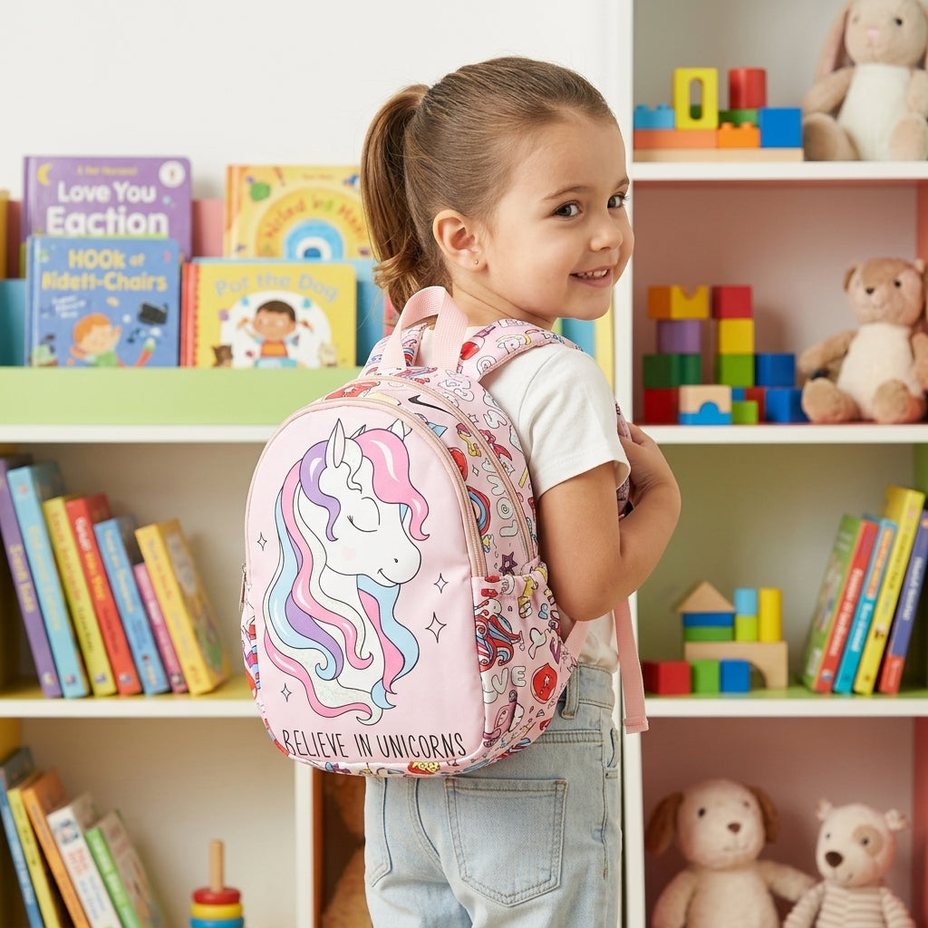 A young girl with her hair in a ponytail stands in a children's room wearing a light pink backpack with a large white unicorn design and pastel rainbow accents. The backpack has the words 'BELIEVE IN UNICORNS' printed on the front.