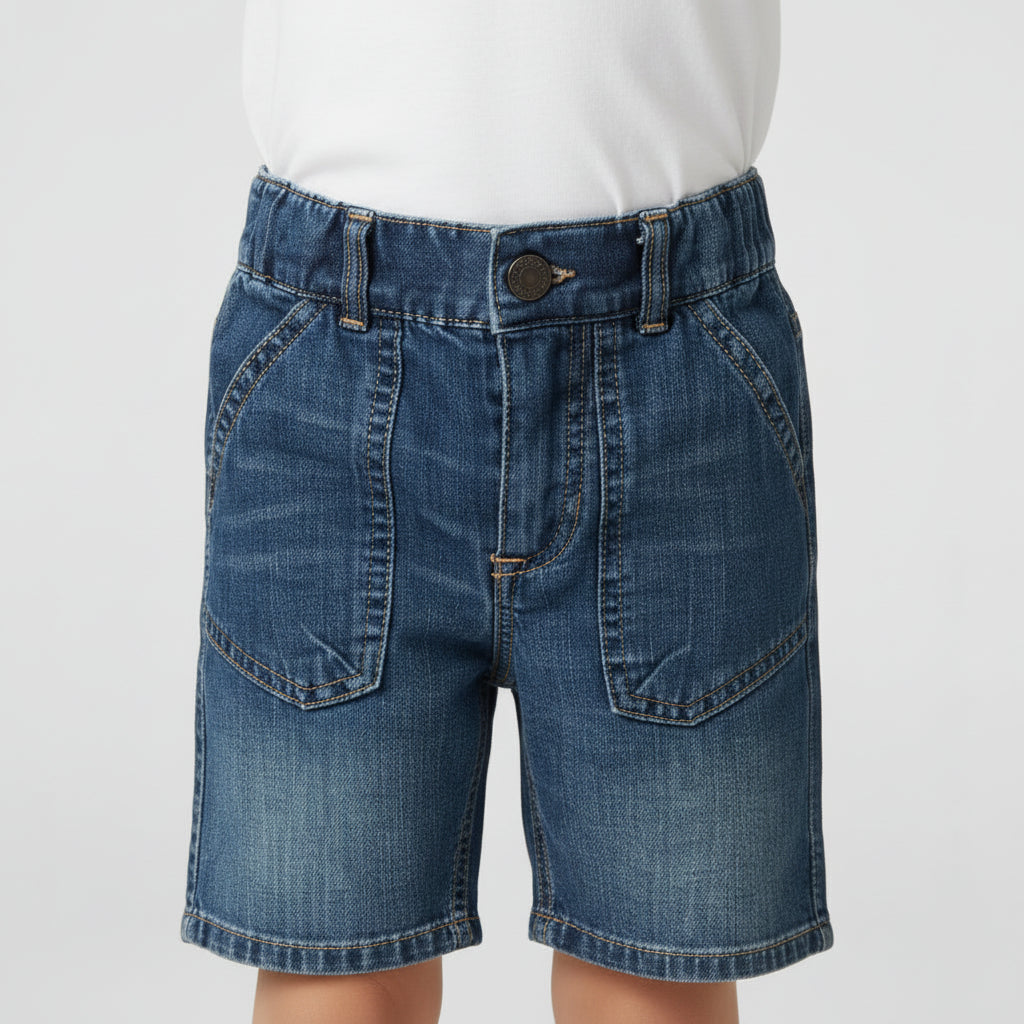 Child wearing a white t-shirt and blue denim shorts on a plain background