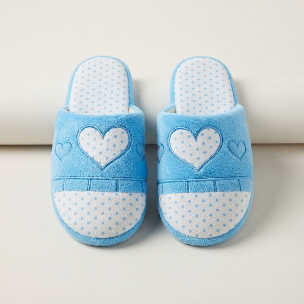 Heart Light Blue Plush Slippers