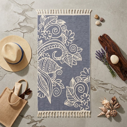 Leaves Light Blue Cotton Beach Mat