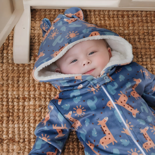 Giraffe Pattern Blue Fleece Hooded Onesies